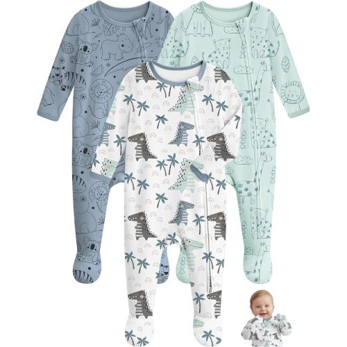 Unnivoll Baby Pajamas 100% Cotton Baby Sleepers for 0-3 Months 3Pcs Footie Pajamas Baby Boys Girls Clothes, Soft Infant Footed PJs with Mitten Cuffs, Two Way Zipper, Long Sleeve