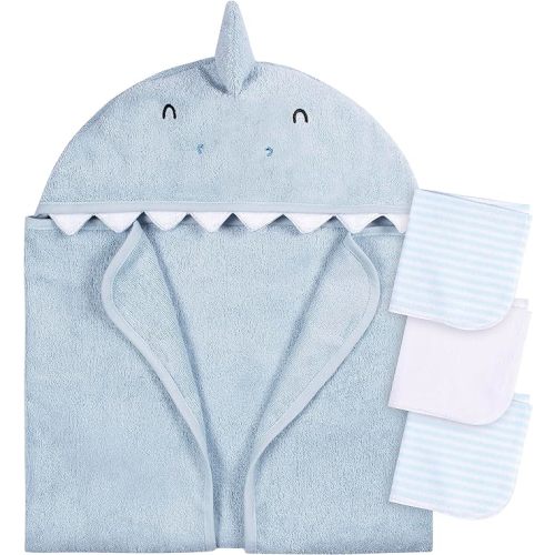 Gerber Baby 4 Piece Animal Character Hooded Towel and Washcloth Set, Blue Shark, One Size