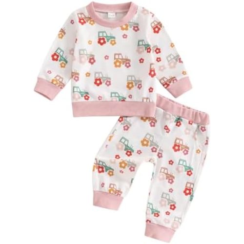 Little Girls 2Pcs Fall Outfits Floral Tractor Print Long Sleeve O Neck Tops Pants Sets Newborn Spring Fall Clothes