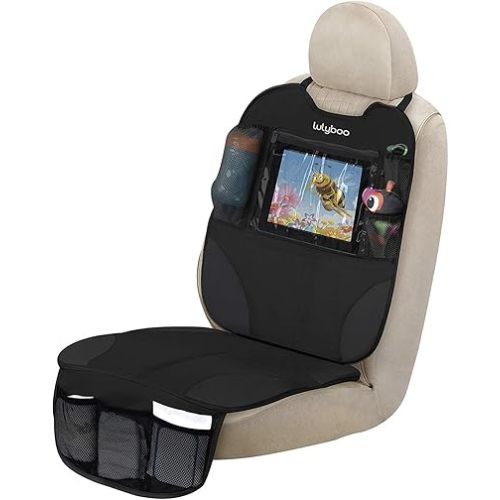 Lulyboo Car Seat Protector & Organizer for Baby & Toddler - Back Seat Storage, Kick Mat with Tablet Holder, Toys & Essentials, Fits All Vehicles, Durable Nylon, Black