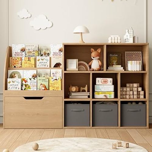 Kids Bookshelf and Toy Storage, Toy Storage Organizers with Movable Drawers & 3 Storage Bins, Kids Reading Nook Toy Organizers Shelf with 5 Cubbies, Natral Wood