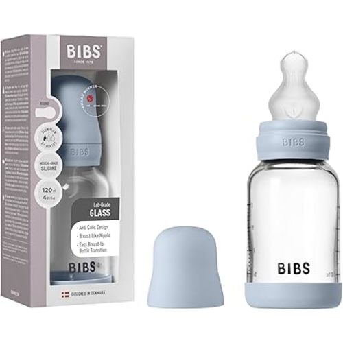 BIBS Baby Glass Bottle. 4 US fl oz / 120 ml. Anti-Colic. Vented Round Silicone Nipple. Supports Natural Breastfeeding, Slow Flow, Complete Set - Baby Blue