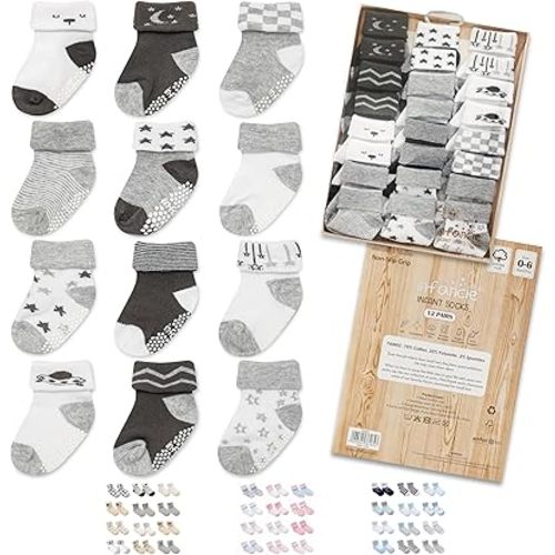 Baby Socks 12 Pairs - Non-Slip Infant Grip for Newborns & Toddlers 0-6 Months, Boys & Girls, Safe for Walking