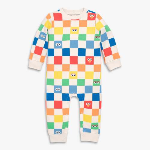 Baby sweatshirt romper - Oat / rainbow checks / 6-12