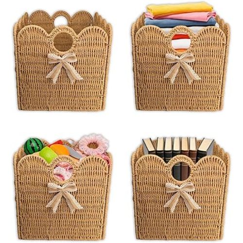 4pcs Wave Wicker Storage Basket, 12”x12” Foldable Natural Paper Rope Basket for Cube Shelves, Collapsible Square Storage Bin for Organizing Toys, Books, Nursery, Living Room, Closet