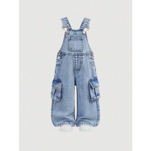 SHEIN Baby Girl Blue Denim Overall Jumpsuit, Kid Girls Spring And Summer Casual Vacation Country Boho Homewear, Kid Girls Multiple Cargo Pockets Street Cool Outfit, Western Wear | SHEIN USA