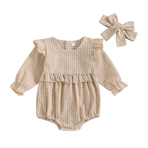 Kovlvoll Infant Girls Clothes Fashion Casual Summer Bow Headband Plaid Baby Long Sleeve Flying Short Rompers