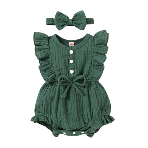 Happy Town Newborn Baby Girl Summer Clothes Infant Linen Romper Ruffle Sleeve Baby Girl Jumpsuit Outfits