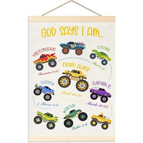Monster Truck Room Decor for Boys,Inspirational Christian Wall Art, Excellent Room Decor for Kids', Toddler, Playroom, and Bedrooms, God Say I Am Hanging Flag Banner