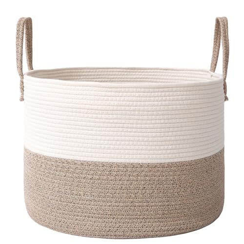 JMvicyroam Woven Blanket Basket,65L Large Rope Storage Bin with Handles, Organizer for Blankets Toys Book and Clothes, Laundry Basket for Living Room Bedroom Nursery,White&Brown