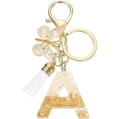 uxcell Initial Letter Keychains, Resin Cute Butterfly Tassel Pendant Accessory for Women Alphabet Key Ring