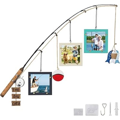 Wooden Fishing Pole Picture Frame Wall Decor with Three 4"x4" Picture Frames,Real Fishing Rod Design,Fishing Gifts for Men,Hanging Fishing Decoration for Cabin,Lake House,Boys Room,Fishing Lovers,Fisherman,Mothers Day