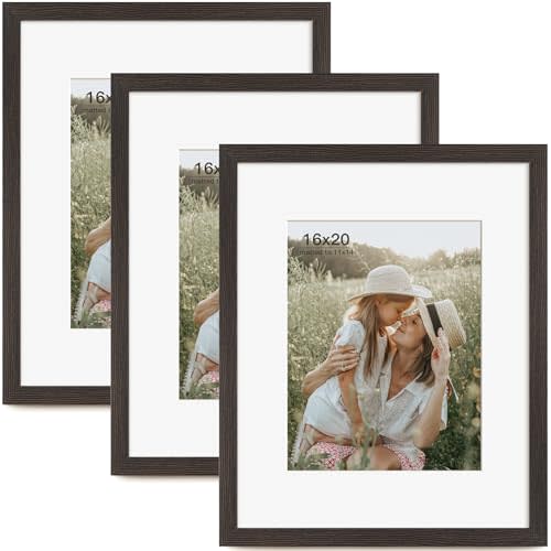 Momentworth 16x20 Picture Frame with Mat for 11x14 Set of 3, Distressed Black Wood Grain 16x20 Frames for Wall Mounting (3 Pack, Black)