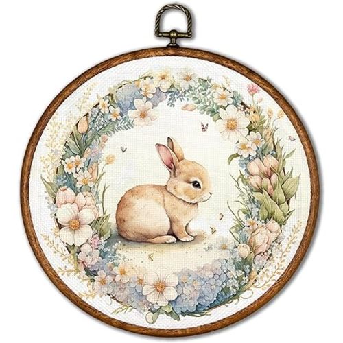 KSDUT Spring Easter Wall Decor Art - Vintage Flower Bunny Wall Art Canvas Frame Hanging Prints, Easter Rabbit Gifts for Women Christian Round Wall Art Decor for Farmhouse Home Decorations 10"x10"