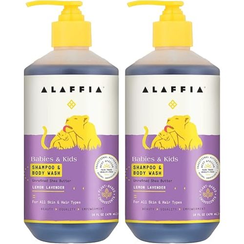 Alaffia Babies and Kids Shampoo and Body Wash, Gentle and Calming Support for Soft Hair and Skin with Shea Butter, Neem, and Coconut Oil, Fair Trade, Lemon Lavender 2 Pack – 16 Fl Oz Ea