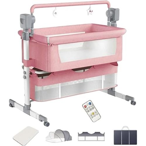 Smart Auto-Rocking Bassinet 3 in 1 Bedside Sleeper Baby Crib with White Music, Adjustable Height, Folding Bag, 4 Wheels, Breathable Mesh, Mattress (Pink)