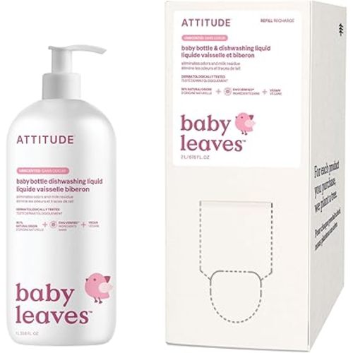 Bundle of ATTITUDE Baby Dish Soap, Plant-Based Dish Liquid, Extra Gentle on Sensitive Skin, Tough on Milk Residue & Grease on Bottles, Fragrance Free, 33.8 Fl Oz + Bulk Refill 67.6 Fl Oz