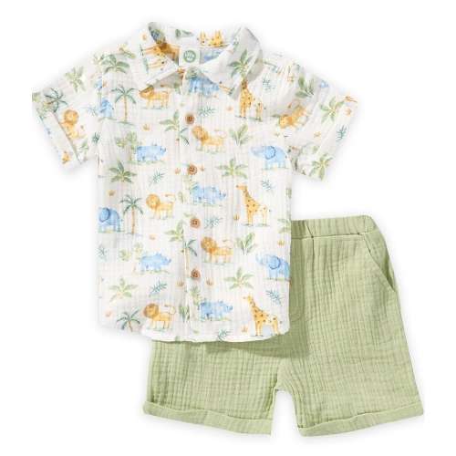 Little Me Baby Boys Short-Sleeve Organic Cotton Jungle-Printed Shirt & Solid Shorts Set