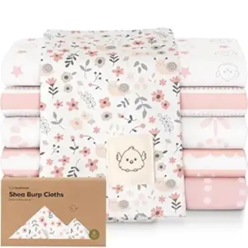 Organic Burp Cloths Baby Boy, Girl - 6-Pack Large 100% Cotton Burping Cloths for Babies, Spit Up Rags, Super Absorbent, Ultra Soft Newborn Rag, Gender Neutral, Machine Washable, Durable (Sweet Charm)