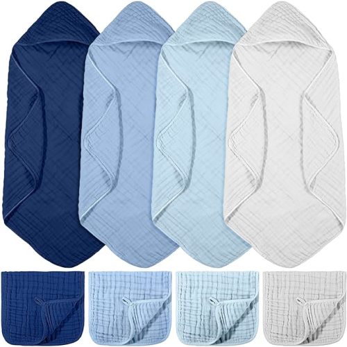 VitalCozy 8 Pcs Baby Muslin Hooded Bath Towels and Washcloths Muslin Cotton Hooded Baby Towels Absorbent Blankets for Gift Newborn Infant Shower (32 x 32 Inch,Gradient Blue)