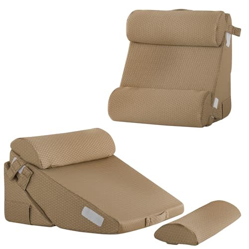 Bedluxe Adjustable 4pcs Bed Wedge Pillow Set, Memory Foam Wedges Pillow Post Surgery for Back, Neck, Leg Pain Relief, Pillows Wedge for Sleeping, Sitting up in Bed, Acid Reflux and GERD, Brown
