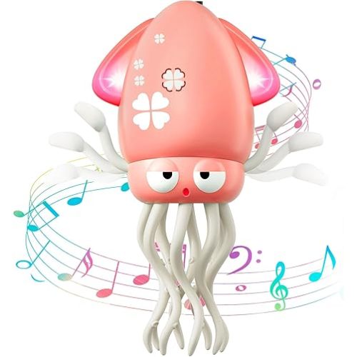 Dancing Squid Baby Girls Toy, Tummy Time Toys, Rechargeable Crawling Octopus with Music and Light for 3-6 6-12 12-18 36 Months 1 Year Old Learning Walking Toddle Easter Basket Stuffers Birthday Gifts