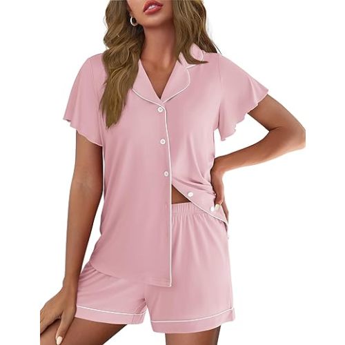 Ekouaer Pajamas for Women Set Button Up Pjs Short Sleeve Ruffle Sleepwear Notch Collar Bride Soft Pj Lounge Sets S-XXL