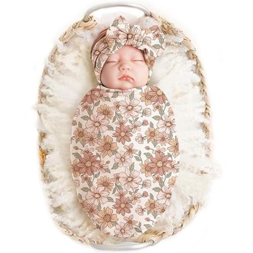 Konssy Baby Girl Newborn Receiving Blanket with Headband Set Baby Swaddle Nursery Swaddle Wrap