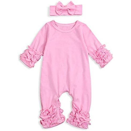 GRNSHTS Newborn Baby Girls Ruffle Romper Solid Long Sleeve Jumpsuit One-Piece Coming Home Clothes With Headband