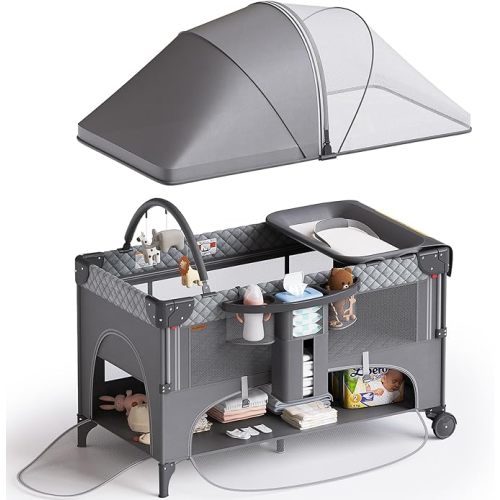 4 in 1 Baby Bassinet,Pack and Play,Bedside Crib Sleeper,Baby Bassinets Bedside Sleeper with Diaper Changer, Mosquito Net,Bottom Storage and Toy Bar for Newborn to Toddles (Grey)