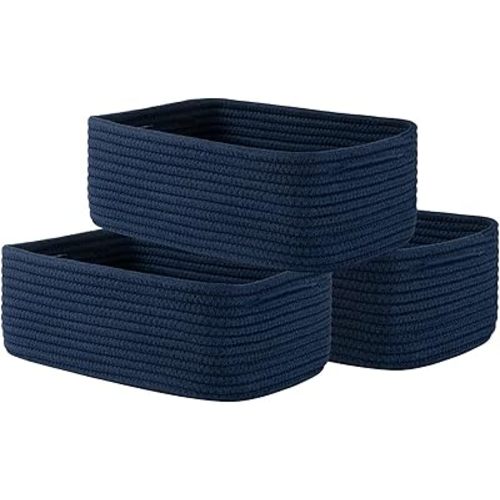 Small Woven Basket, 12 x 8 x 4.5 Inches, Storage Basket for Organizing, Cute Small Rope Shelf Closet Cube Storage Bins Baskets for Shelves, Dog Toy Gift Baskets Empty, 3 Packs, Navy Blue