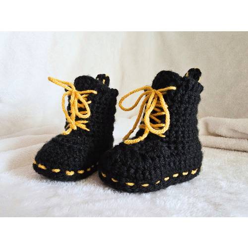 Black Combat Boot Baby Booties with Yellow Laces and Stitching, Custom Punk Rock Emo Baby Shower Gifts, Goth Mom Cute Newborn Crib Shoes