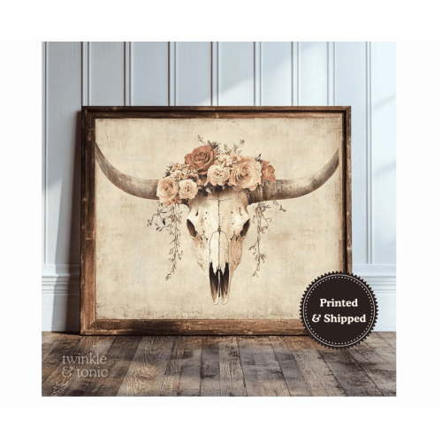 Vintage Bull Skull Boho Farmhouse Western Botanical Poster