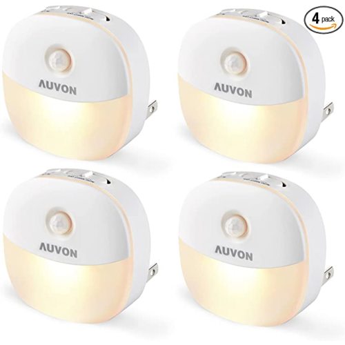 AUVON Plug in Night Light with Motion Sensor and Dusk to Dawn Sensor, Mini Warm White LED Nightlight with 1-50 lm Adjustable Brightness for Bathroom, Hallway, Stairs, Bedroom, Kitchen, 4 Packs