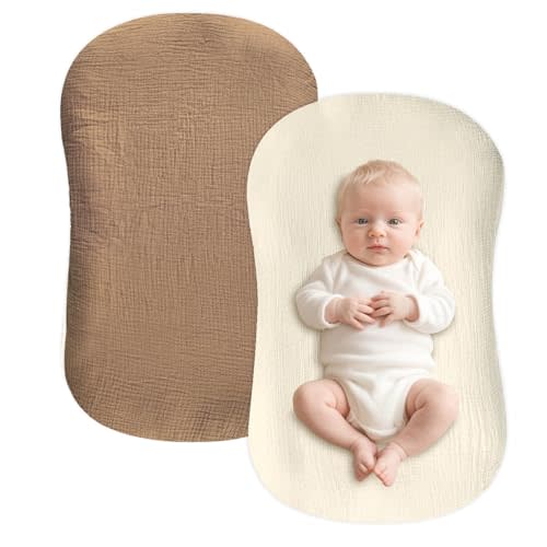 Hooyax Muslin Baby Lounger Cover 2 Pack - 100% Breathable Cotton Soft Infant Lounger Covers, Fits Most Standard Newborn Loungers & Pillows (Brown, Wheat)