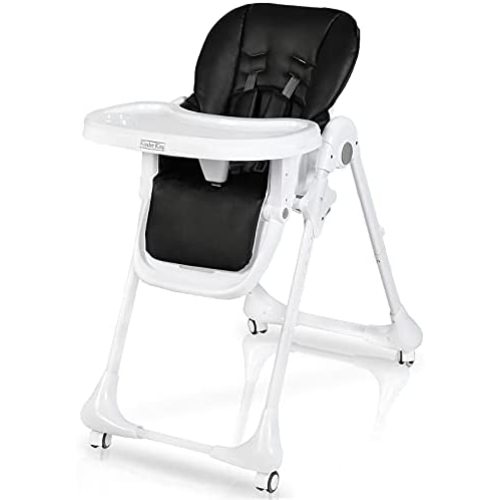 Kinder King 3 in 1 Baby High Chair w/4 Lockable Wheels, Converts to Toddler Chair, Simple Fold Highchair for Infants, Adjustable Height, Recline & Footrest, Detachable Double Trays, PU Cushion, Black