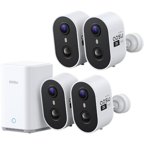 aosu Wireless Outdoor Security Camera Kit with aosuBase Local Storage, 2K with 6X Zoom, 4-View Live, Cross-Camera Person Timeline, PIR + AI Human Detection, Color Night Vision, 4-Cam-Kit
