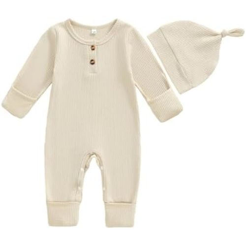 ZAXARRA Newborn Baby Boy Fall Romper Solid Color Long Sleeve Round Neck Full Length Jumpsuit with Hat