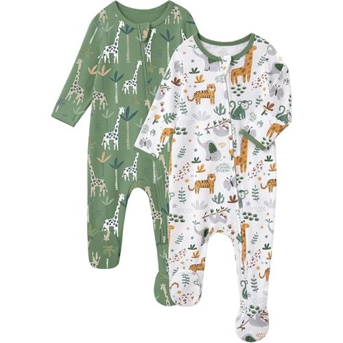 Baby Sleepers 100% Cotton Footie Pajamas, Newborn 0-3 3-6 6-9 Months with 2-Way Zipper, 2pcs PJs Baby Boy Clothes