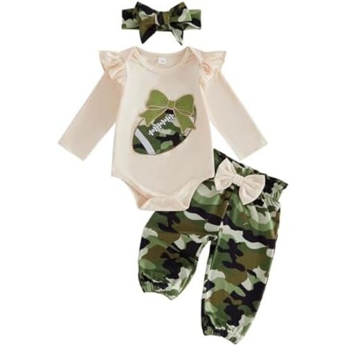 Football Baby Girl Outfit Ruffle Sleeve Romper Camo Pants with Bow Headband
