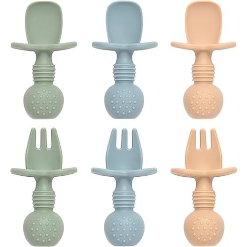 Baby Spoons and Forks Feeding Set, 6 Pack Silicone First Stage Self Feeding Toddler Utensils, BPA Free, Baby Led Weaning Supplies for Training Spoons