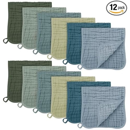 SWEET DOLPHIN 12 Pack Muslin Burp Cloths Large 100% Cotton Burping Clothes for Baby Drool - Absorbent and Soft Boys & Girls Milk Spit Up Rags for Newborn Essentials Registry - Ocean Dip