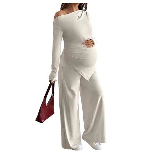 MakeMeChic Women's Maternity Clothes 2 Piece Spring Outfits Asymmetrical Top and Pants Matching Sets Apricot Large