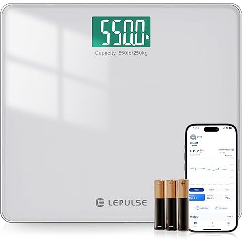 LEPULSE 550lb Bathroom Digital Scale for Body Weight BMI, Extra Wide Platform High Capacity Large Backlit Display, Most Accurate Bathroom Scale up to 500 lbs Weight Scale with APP, 8mm Tempered Glass