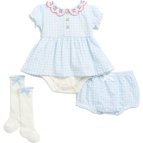 Cherries Embroidered Collar Gingham Dress, Bloomers & Socks Set