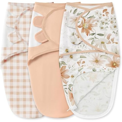 Unnivoll Baby Swaddles for Newborns with Zipper, 100% Cotton Newborn Swaddle Sack, 3 Pack Baby Swaddles 0-3 Months Swaddle Sleep Sack for Newborn Baby Boy Girl Orange Flower