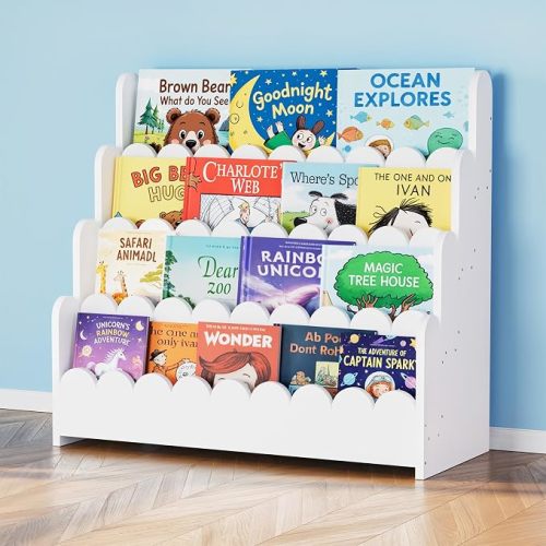 SpaceAid 4-Tier Scalloped Bookshelf, Montessori Bookcase for Toddlers, Wooden Book Shelf Organizer Display Furniture for Kids Rooms, Playroom, Nursery and Classroom, 29.6“ Wide, Natural