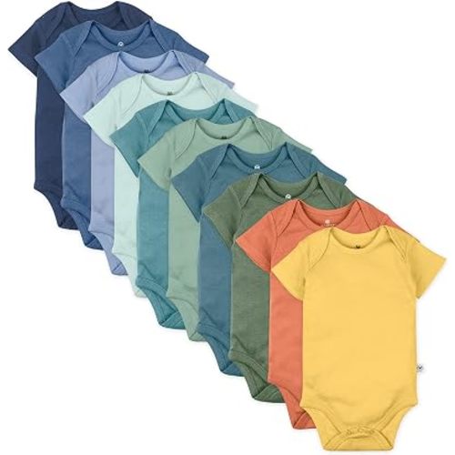HonestBaby 10-pack Short Sleeve Bodysuits One-piece for Infant Baby Boys, Girls, Rainbow Gems Blues, 3-6 Months