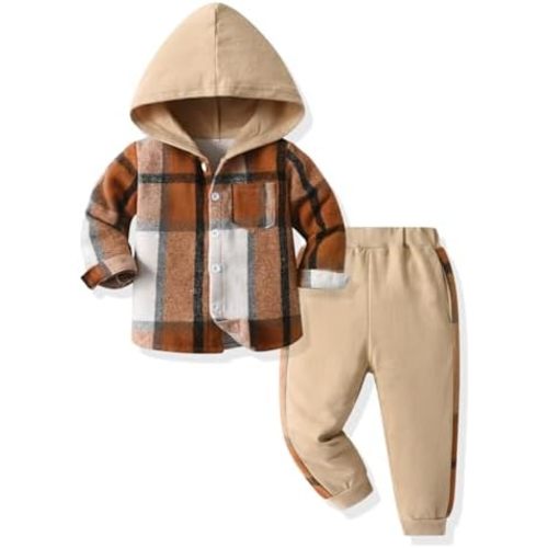 Feidoog Toddler Boys Hood Plaid Pants Set Long Sleeve Button Down Hooded Tops +Sweatpants Clothing Outfits