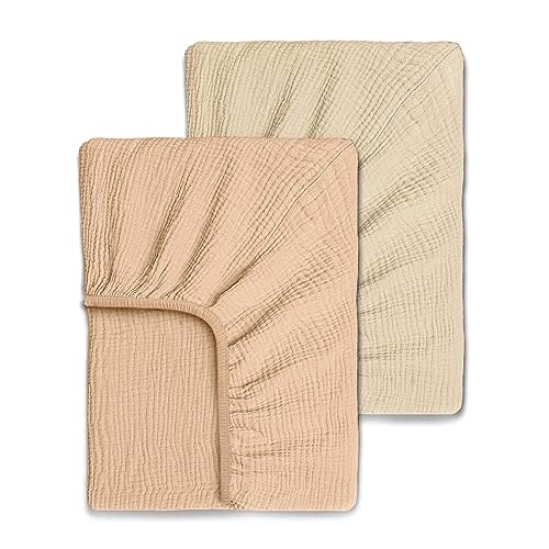 Yunioo Ultrasoft Muslin Baby Crib Sheets Neutral for Boy or Girl, 100% Organic Cotton Boho Fitted Crib Sheet in 2-Pack, Universal Fit Crib Mattress Sheet Set, 52 x 28”- Cream-Taupe